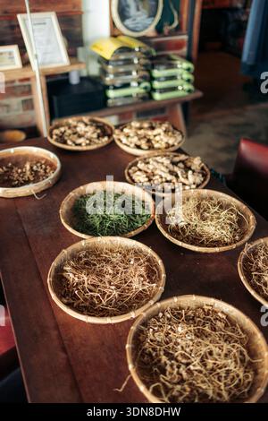 Verschiedene getrocknete Kräuter und Wurzeln in Körben auf einem Holztisch in gemütlicher Inneneinrichtung. Taitung County, Changbin Township, Taiwan Stockfoto