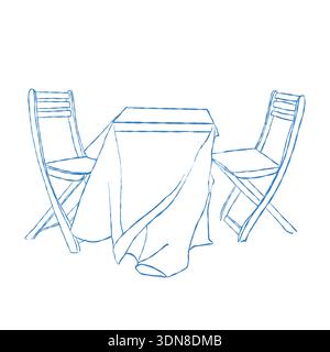 Eine skurrile handgezeichnete Illustration eines Essens. Ein quadratischer Tisch mit einer Tischdecke und zwei Stühlen. Ein Außentisch mit Klappstühlen. Illustration der Vektorkontur in Blau. Stock Vektor