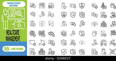 Health Management Line Icon Set für medizinische Versorgung, Wellness, Fitness, Ernährung, Krankenhaus, Arzt, Patientenüberwachung, Vorsorge, Editierbarer Schlaganfall Stock Vektor