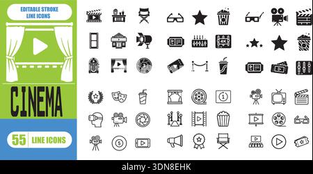Cinema Line Icon Set für Kino, Filmproduktion, Videoaufnahme, Unterhaltungsmedien, Filmfestival, Streaming, Bearbeitbarer Konturvektor Stock Vektor