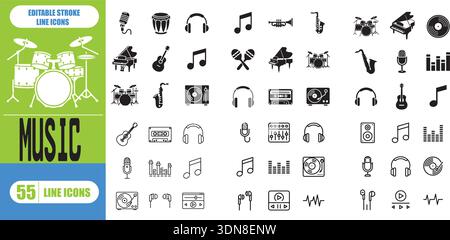 Musikzeile Symbolsatz für Audio, Sound, Instrumente, Media Player, Wiedergabeliste, Studio-Aufnahme, Musik-Streaming, Unterhaltung, Editierbarer Strichvektor Il Stock Vektor