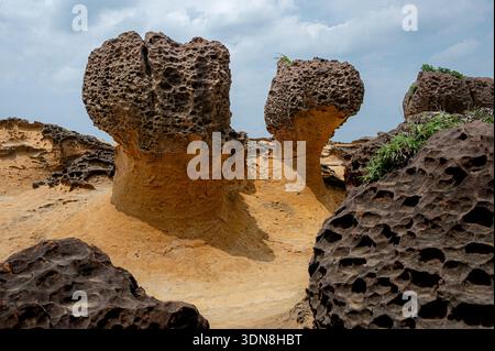Blick auf zwei Hoodoo-Felsformationen am Yehliu Geopark in Taiwan, geformt durch Wind und Meereserosion, die als surreale natürliche Säulen stehen Stockfoto