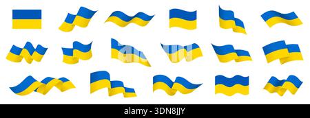 Ukrainische Flaggensymbole Sammlung, ukrainische Flagge gesetzt, ukrainische Flaggenvektorsymbole auf isoliertem Hintergrund, fliegende ukrainische Flaggensymbole, 3D fließend Stock Vektor