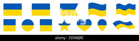 Ukraine Flaggensymbole gesetzt, Ukrainische Flagge gesetzt, Ukraine Flaggenvektorsymbole isoliert, ukrainische Flaggen Sammlung, rund, Quadrat, Herz, Stern, Stift Stock Vektor