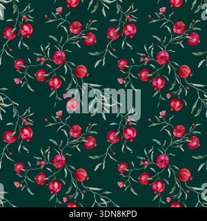 Nahtloses Muster mit Aquarellillustration von Granatapfel mit rosa Blumen. Handgemalter Druck mit tropischem Fruchtzweig mit grünen Blättern Stockfoto