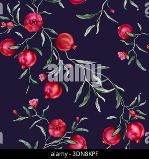 Nahtloses Muster mit Aquarellillustration von Granatapfel mit rosa Blumen. Handgemalter Druck mit tropischem Fruchtzweig mit grünen Blättern Stockfoto