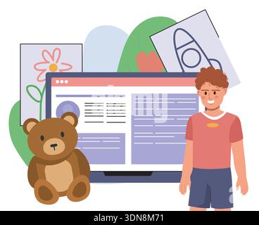Konzept für Kinder-Website. Junge in der Nähe von Teddybären und Website-Seite. Online-Schulungen und -Schulungen. Schule oder Kindergarten. Blog für Schüler. Flacher Vektor Stock Vektor