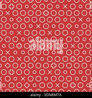 Moderne geometrische Formen mit lustigem Muster. Abstraktes minimales nahtloses Muster. Cooles, dynamisches Modedesign. Weiß auf rotem Hintergrund. Stock Vektor