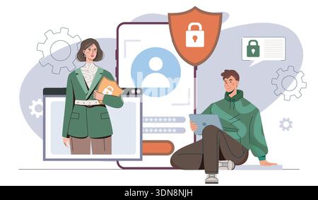 Konzept der Datenschutzrichtlinie. Mann mit Tablet und Frau mit Schild in der Nähe des Smartphones. Datenschutz und Online-Sicherheit. Cybersicherheitsteam mit Gadgets. Flach Stock Vektor