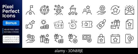 Symbolgruppe für Bonuslinien. Benefizgeschenk, exklusive Belohnung, Star-VIP-Prämie, Ticket minimale Vektorgrafiken. Einfache Umrissschilder, Treueprämie Stock Vektor