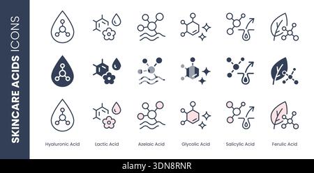 Symbol für Säurepflege. Hyaluron, Laktatmittel, Azelaisch, Glykol, Salicylsäure, ferulische Minimalvektordarstellungen. Zeichen für kosmetische Inhaltsstoffe Stock Vektor