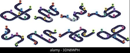 Isometrische Roadmap. Straße Route Position Zeitachse, kurvenreiche Kurve Weg Infografik Auto Navigation Karte Schritte Autobahn Transport Weg, Karikatur Kicky Vektor Illustration Original Kunstwerk Stock Vektor