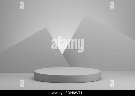 Graues Zylinderpodium mit geometrischen Dreiecken auf dem Hintergrund Stockfoto