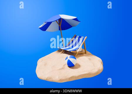 Sonnenschirm und Stuhl auf Sandinsel 3D Illustration Stockfoto