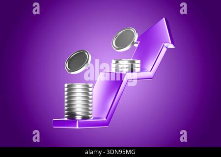 Grafik mit aufsteigendem Pfeil und fallenden Silbermünzen Stockfoto