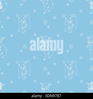 Nahtloses weißes und blaues Ostermuster mit süßen Ziegen und kleinen Wildblumen. Vintage-Frühlingsvektormuster mit Nutztieren. Weiße Vektorgrafik auf blauem Hintergrund. Stock Vektor