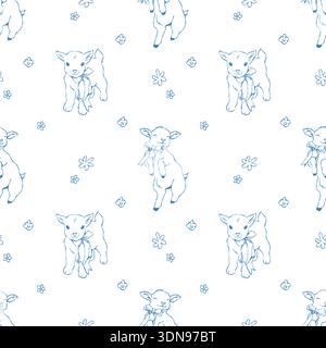 Nahtloses weißes und blaues Ostermuster mit süßen Ziegen und kleinen Wildblumen. Vintage-Frühlingsvektormuster mit Nutztieren. Blaue Vektorgrafik auf weißem Hintergrund. Stock Vektor