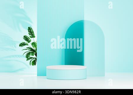Weißes Podium mit Bogen und Palmblatt auf mintfarbenem Hintergrund Stockfoto