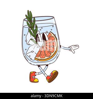 Grooviges, funkiges Soda-Getränk mit Hippie-Charakter im Glas mit Zitronenscheibe und Rosmarinzweig. Retro-Vektor-Cartoongetränk mit süßem Gesicht und psychedelischer Atmosphäre für lustige Cocktailmenüs und Partygrafiken Stock Vektor