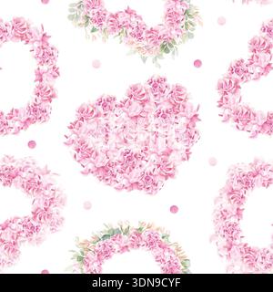 Romantisches nahtloses Muster mit Herzform rosafarbener Rosen auf weißem Hintergrund. Blumenherzkranz, Blumen wiederholen das Ornament zum Valentinstag Stockfoto
