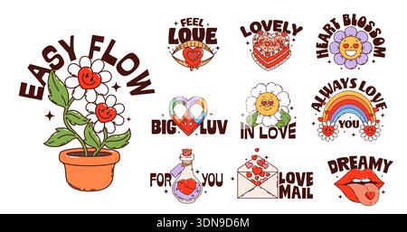 Love and Valentine y2k groovy Aufkleber, Herz funky Etiketten, Vektor Valentinstag. Retro-Hippie-Blüten mit groovigem Regenbogen, Herzkuchen und Auge, Liebestrank und Briefaufklebern Stock Vektor