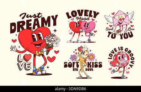 Valentine Groovy und Liebe Herz Zeichen Vektor Aufkleber Set. Valentinstag Weihnachten Retro y2k Maskottchen mit süßen Herzen Paar, Liebesbrief Nachricht, lustige groovige Disco Ball und Eiskegel Aufkleber Stock Vektor