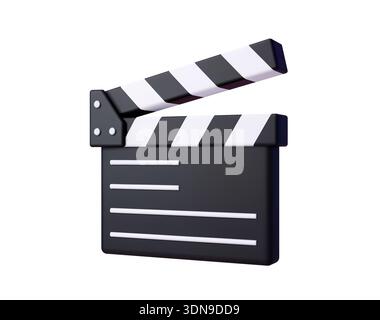 3D-Filmklapperbrett, Filmklapperboard-Symbol mit schwarz oder weiß gestreiftem Schiefer und leeren Schriftlinien. Filmvektorfilm-Produktions-Symbol für Videoaufnahmen, Filmherstellung, Medienindustrie Stock Vektor