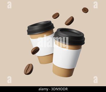 3D Kaffeepapierbecher, Latte oder Cappuccino realistisches Getränk Mockup mit gerösteten Bohnen. Vektor-Tassen zum Mitnehmen aus Pappe mit schwarzen Plastikdeckeln, isolierte heiße Kaffeeprodukte schwimmende Tassen nachahmen Stock Vektor