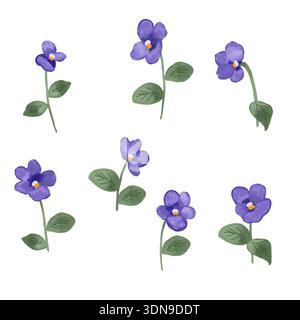 Handgemalte Aquarellblume mit violetten Blumen und zarten Frühlingsblüten in sanften Naturtönen. Botanisches Clipart Stockfoto