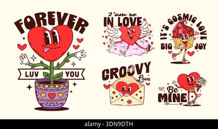 Valentine Love Heart groovy Charaktere auf Stickern für Liebesurlaub, Cartoon Vektor Etiketten. Valentinstag Y2K groovige Aufkleber, Liebeszitate mit funky Herz auf rosa Wolke und Cupcake mit freaky Lächeln Stock Vektor