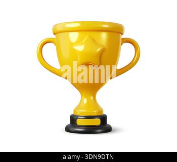 Pokal mit 3D-Auszeichnung, Preis des Gewinners des Wettbewerbs, Belohnung für Sportspiele. Vektor Gold Glossy Award Becher mit Sternsymbol. Gewinnerpreis für Wettbewerb, Erfolg, Führung, Siegerfeier Stock Vektor