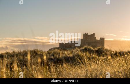 Das berühmte Bamburgh Castle an einem eiskalten Morgen bei Sonnenaufgang durch das Marramgras auf den Dünen in Northumberland, England. Stockfoto