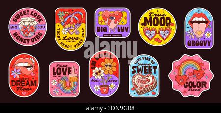 Valentinstag groovige Aufkleber, Hippie Love Patches mit Vektor funky Herzen, Frieden und Regenbogen. Set aus Cartoon-Retro-Gänseblümchenfiguren, Sonnenbrillen in Herzform, Kuchen- und Mädchenlippen-Aufklebern Stock Vektor