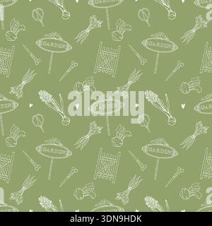 Nahtloses Vektormuster mit Gartenattributen. Frühlingshintergrund der Gartenelemente. Blumen, Gartengeräte und Schilder, Karotten und Hyazinthen auf grünem Hintergrund. Vektorkontur, Abbildung. Stock Vektor