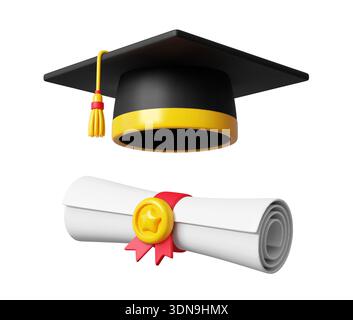3. Graduiertenkappe mit Studentendiplom. Vektor Mortarboard Hut mit Quaste und gerolltes Zertifikat mit Band gebunden. Akademisches Bildungs-Symbol für Studienerfolg, Studienerfolg und -Abschluss Stock Vektor
