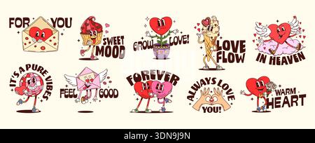 Valentine Love Hearts und Y2K groovige Aufkleber oder funky Etiketten, Cartoon Vektor. Valentinstag Cartoon groovige Aufkleber mit lustigen Herzfiguren in der Liebe auf Wolke mit süßer Stimmung und Liebeszitaten Stock Vektor