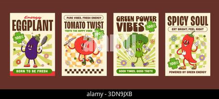 Funky reifes Gemüse groovige Hippie-Charaktere Poster. Lebendige Plakate aus den 1970er Jahren mit Tanz und sportlichen Gemüsefiguren. Retro-Vektor Auberginen, Tomaten, Brokkoli und rote heiße Pfeffer für die Küche Stock Vektor