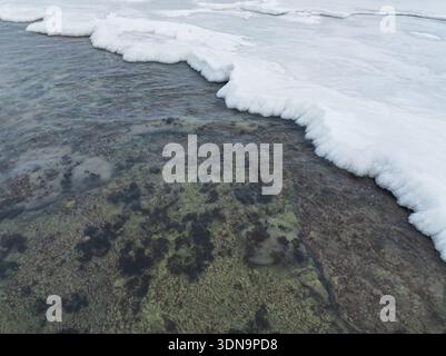 Von oben nach unten blickt man auf kristallklares Ostseewasser mit Algen und weißem Eisrand am Ufer, Estland. Stockfoto