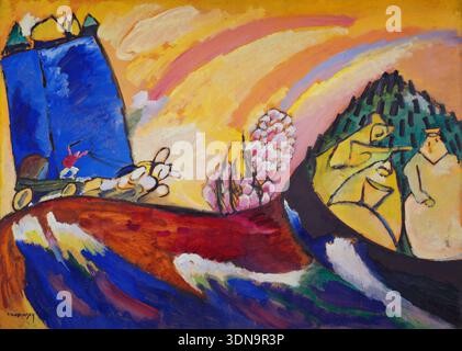 Gemälde mit Troika von Wassily Kandinsky, 18. Januar 1911, das eine traditionelle Dreierkutsche darstellt, die durch eine stilisierte Landschaft mit blühenden Bäumen und Bergen fährt Stockfoto