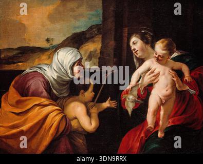 Jungfrau und Kind mit der heiligen Elisabeth und dem Kleinkind Johannes dem Täufer von Jacques Blanchard, 1628/29, Öl auf Leinwand. Madonna mit Christkind besucht von Johannes dem Täufer und der älteren heiligen Elisabeth in einer Inneneinrichtung mit landschaftlichem Hintergrund Stockfoto