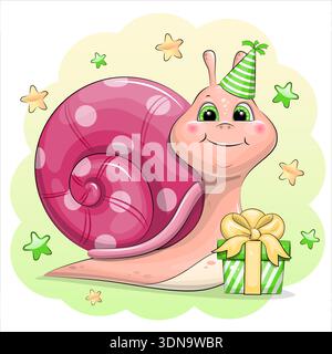 Geburtstagskarte mit niedlicher rosafarbener Schnecke und Geschenk. Tiervektorillustration auf grünem Hintergrund mit Sternen. Stock Vektor