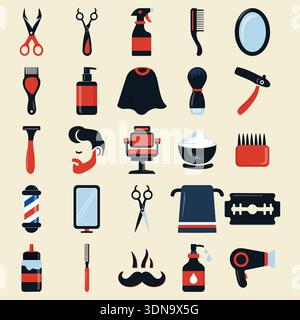 Friseur und Friseursalon Werkzeuge Symbol Set Flat Vector Stock Vektor