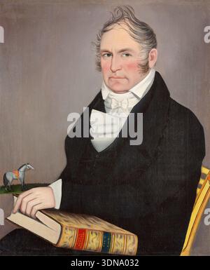 Cornelius Allerton von Ammi Phillips, 1821–22, sitzende Figur in schwarzem Mantel mit medizinischem Wörterbuch mit Pferd und Landschaft Hintergrund Stockfoto