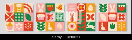 Set mit Osterkarten im geometrischen Stil mit farbenfroher Illustration. Trendige Kollektion geometrischer, abstrakter Karten Stock Vektor