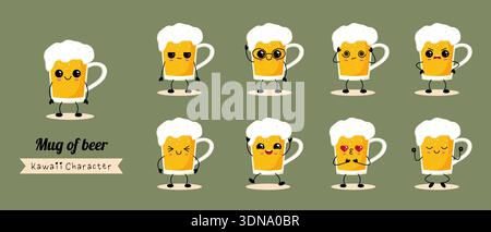 Becher Bier-Kawaii-Charakter mit süßem Emoticon. Stock Vektor