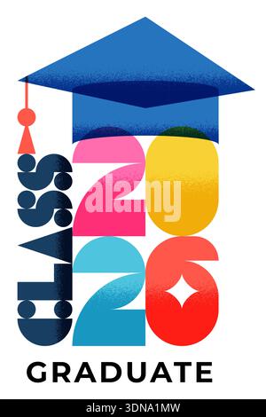 Klasse von 2026, farbenfrohe Schriftzug für den Abschluss. Vertikales Banner, Poster, Grußkarte, Druckdesign. Vektorgeometrische Typografie illustrati Stock Vektor