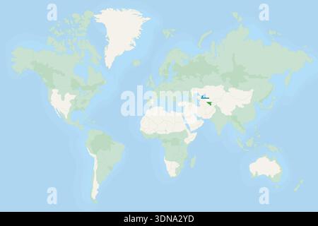 Usbekistan auf der Weltkarte mit Nationalflagge hervorgehoben. Vektor-Weltkarte mit Usbekistan mit seiner Nationalflagge hervorgehoben. Stock Vektor