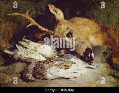 Kopf eines Rehbocks und zwei Ptarmigan von Edwin Henry Landseer, um 1830, Stillleben von Wildtieren mit Hirschkopf und zwei Vögeln auf einer Ebenen Fläche Stockfoto