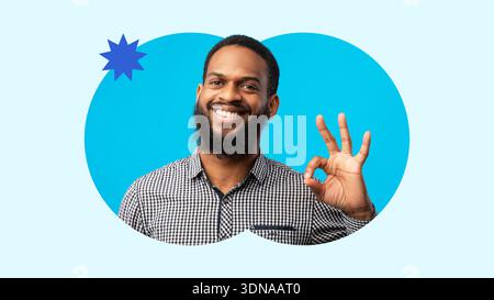 Person lächelt und zeigt Handgeste auf blauem Hintergrund in einem Creative Collage Design Stockfoto