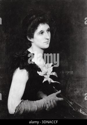 Porträt von Mrs. Charles L. Hutchinson von Jules-Elie Delaunay, 1890, elegante Frau in dunklem Kleid mit weißer Blumenkorsage, Profilposition vor dunklem Hintergrund Stockfoto